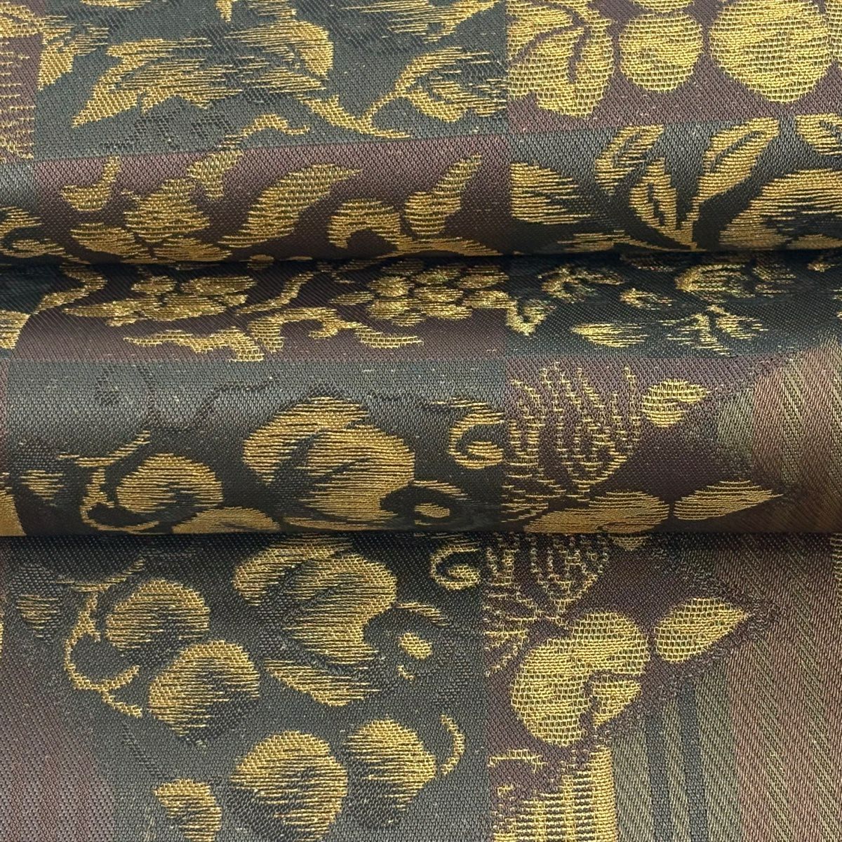 【美品】 袋帶 逸品級 誉田屋源兵衛 落款 草花紋紋 縞紋 金絲 金金箔 焦茶 全通 純蠶絲