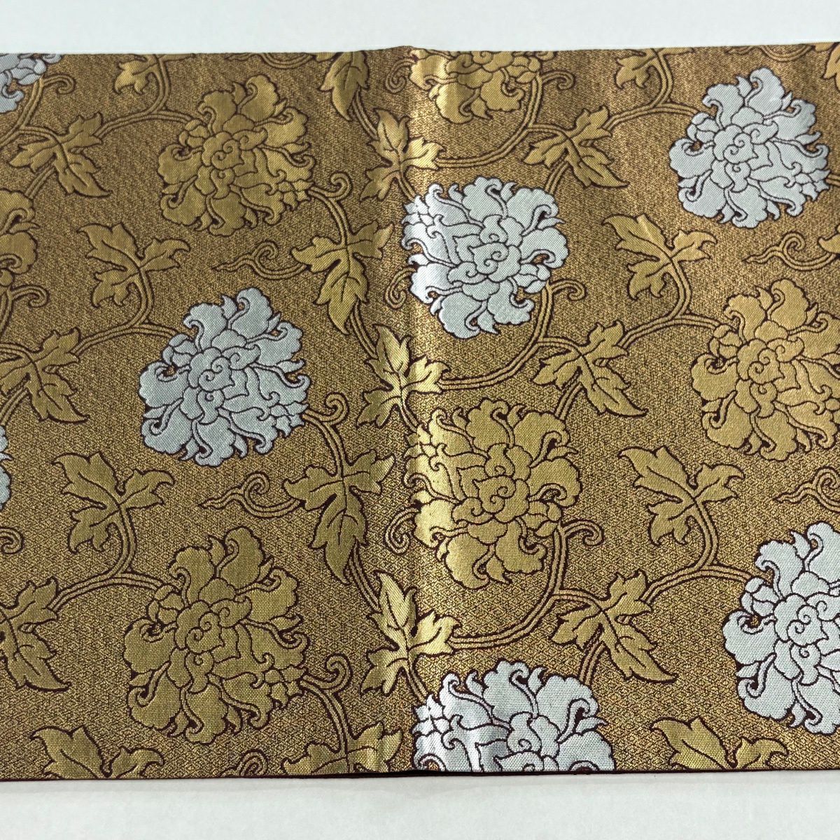 【美品】 袋帶 逸品級 龍村晋 落款あり 金銀二重蔓牡丹錦 牡丹唐草紋 金金箔 金色 全通 純蠶絲
