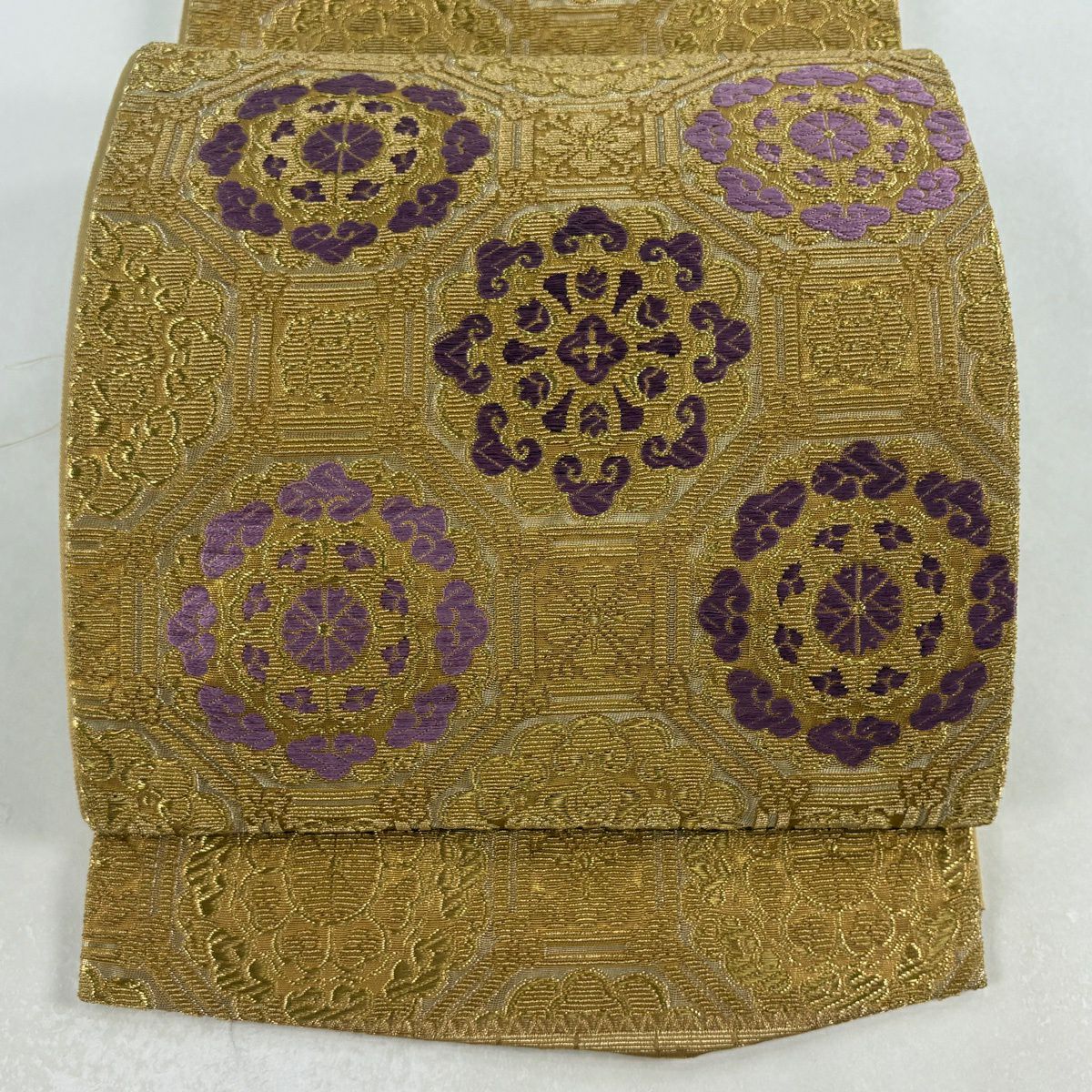 袋帶 逸品級 帝王紫 附有落款 じゅらく 華紋 蜀江華紋 金銀絲 唐織 金色 大鼓圖案 純蠶絲