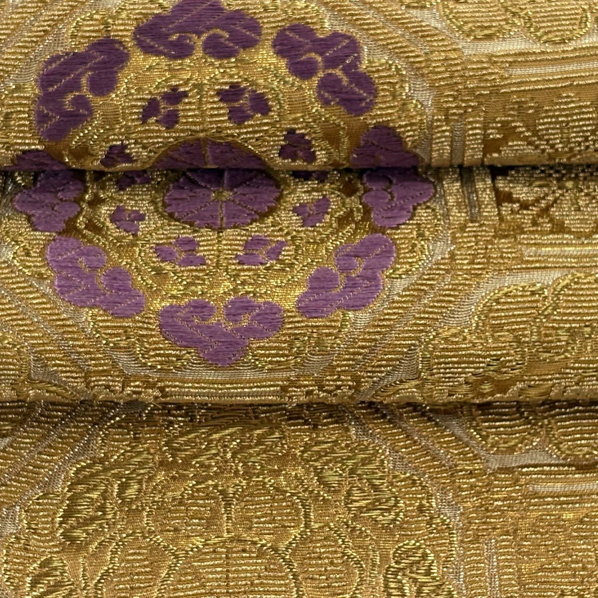 袋帶 逸品級 帝王紫 附有落款 じゅらく 華紋 蜀江華紋 金銀絲 唐織 金色 大鼓圖案 純蠶絲