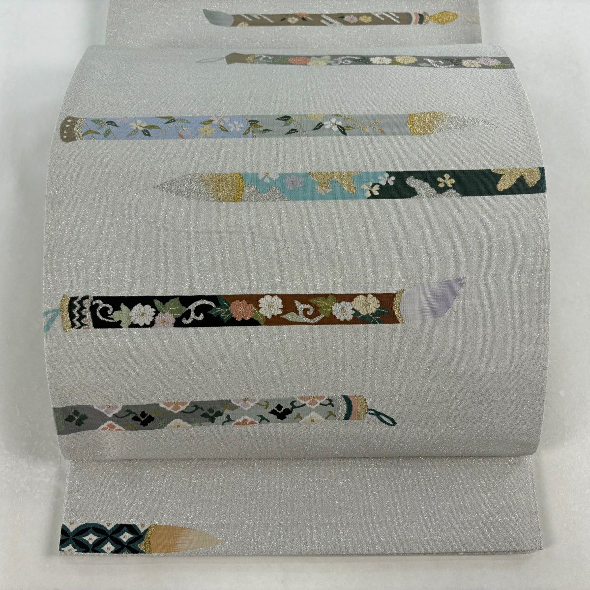 【美品】 袋帶 逸品級 筆 草花紋 金銀彩 灰 深藍 六通 純蠶絲