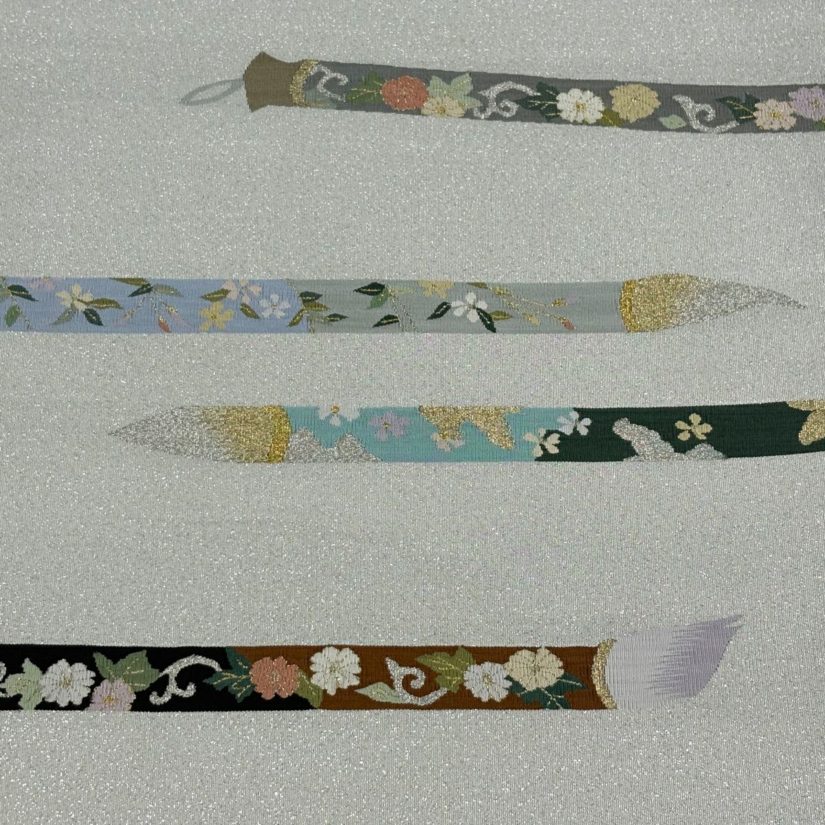 【美品】 袋帶 逸品級 筆 草花紋 金銀彩 灰 深藍 六通 純蠶絲