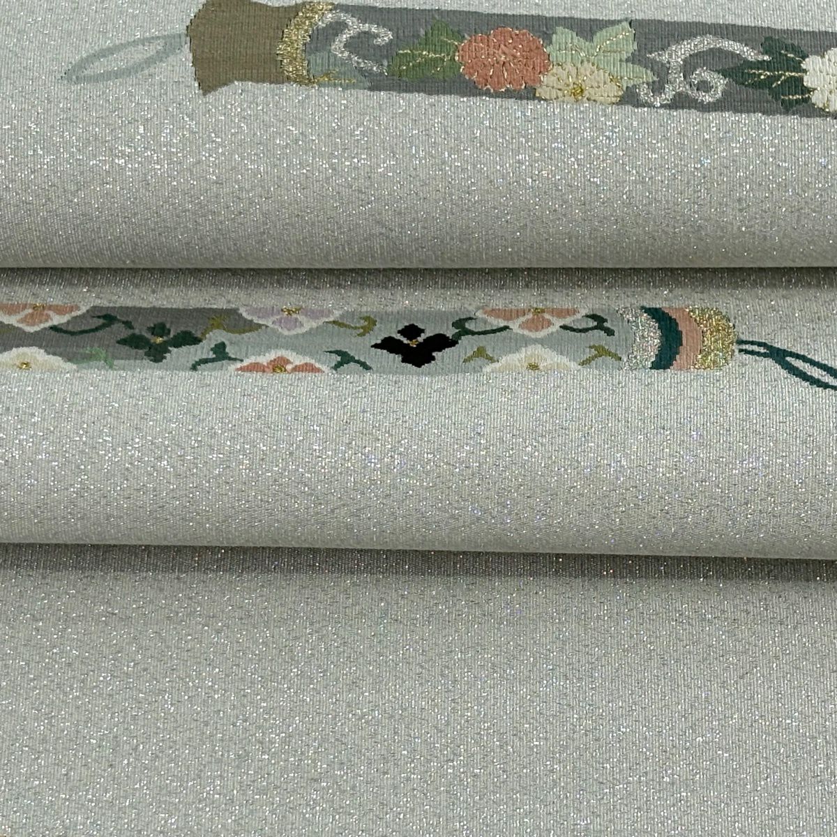 【美品】 袋帶 逸品級 筆 草花紋 金銀彩 灰 深藍 六通 純蠶絲