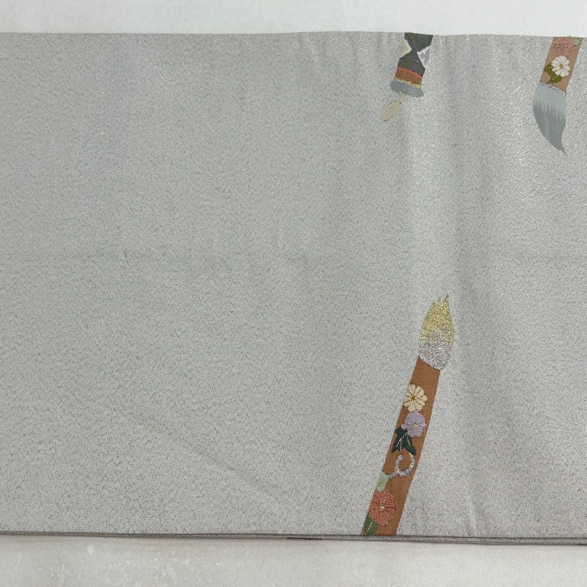 【美品】 袋帶 逸品級 筆 草花紋 金銀彩 灰 深藍 六通 純蠶絲