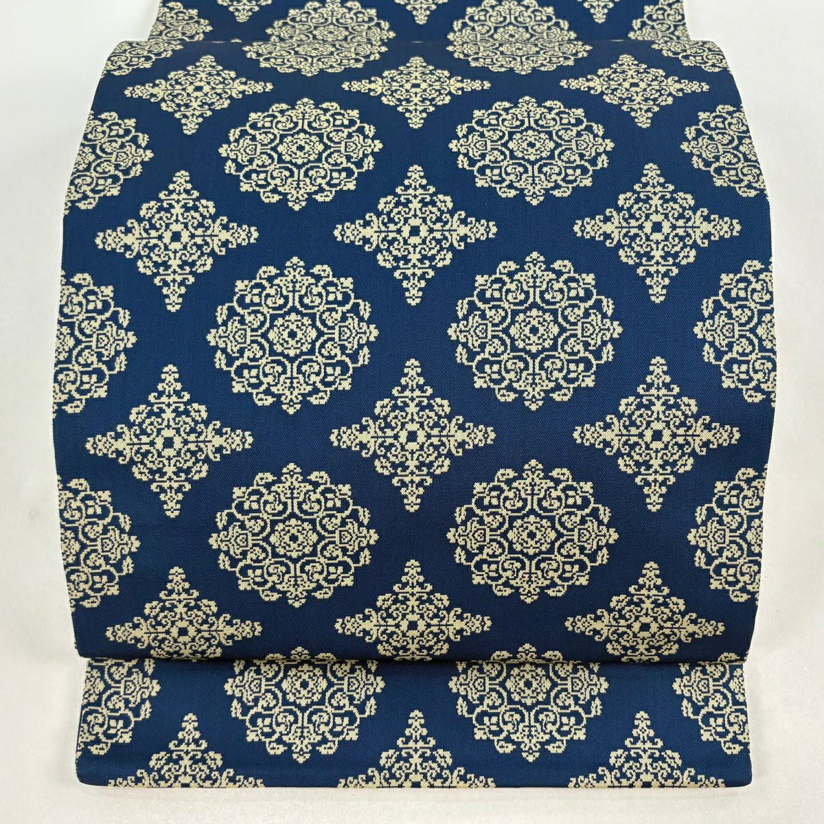 【美品】 開口名古屋帶 逸品級 龍村美術織物 雙層仕立 華紋 花菱 深藍 純蠶絲