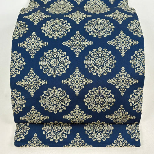 【美品】 開口名古屋帶 逸品級 龍村美術織物 雙層仕立 華紋 花菱 深藍 純蠶絲