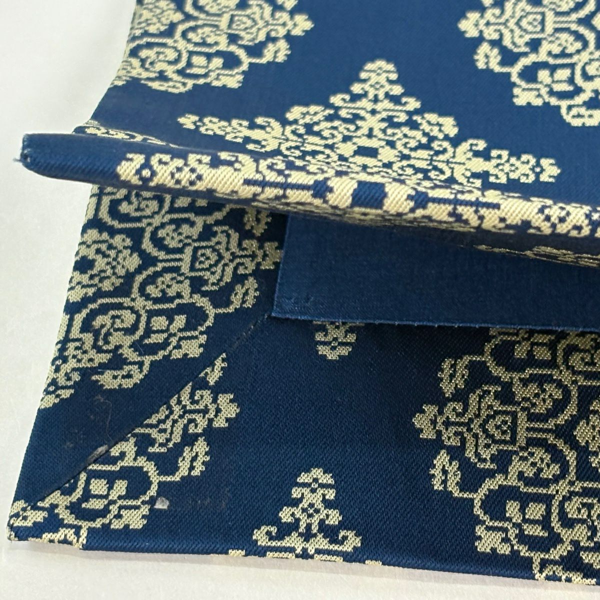 【美品】 開口名古屋帶 逸品級 龍村美術織物 雙層仕立 華紋 花菱 深藍 純蠶絲