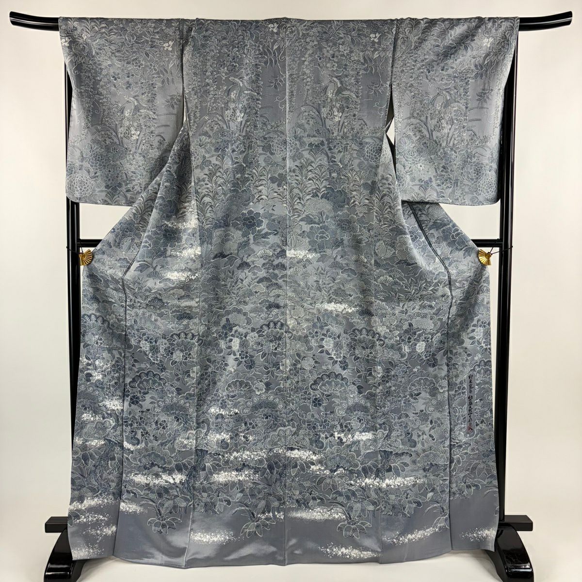 訪問服 身長169cm 袖長69.5cm L 雙層 山岡古都 紋意匠 落款あり 松樹 櫻花 青灰 純蠶絲 逸品級