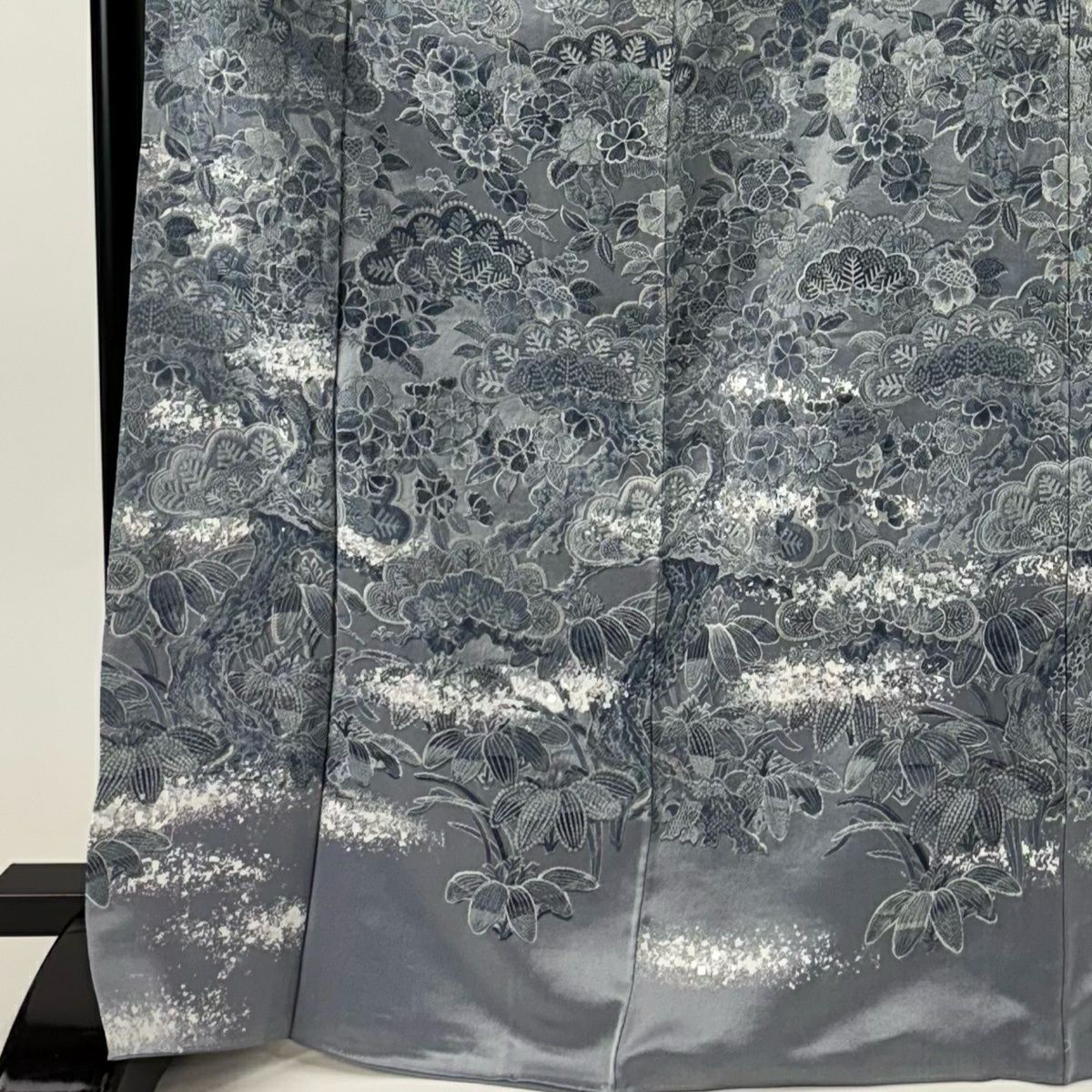 訪問服 身長169cm 袖長69.5cm L 雙層 山岡古都 紋意匠 落款あり 松樹 櫻花 青灰 純蠶絲 逸品級