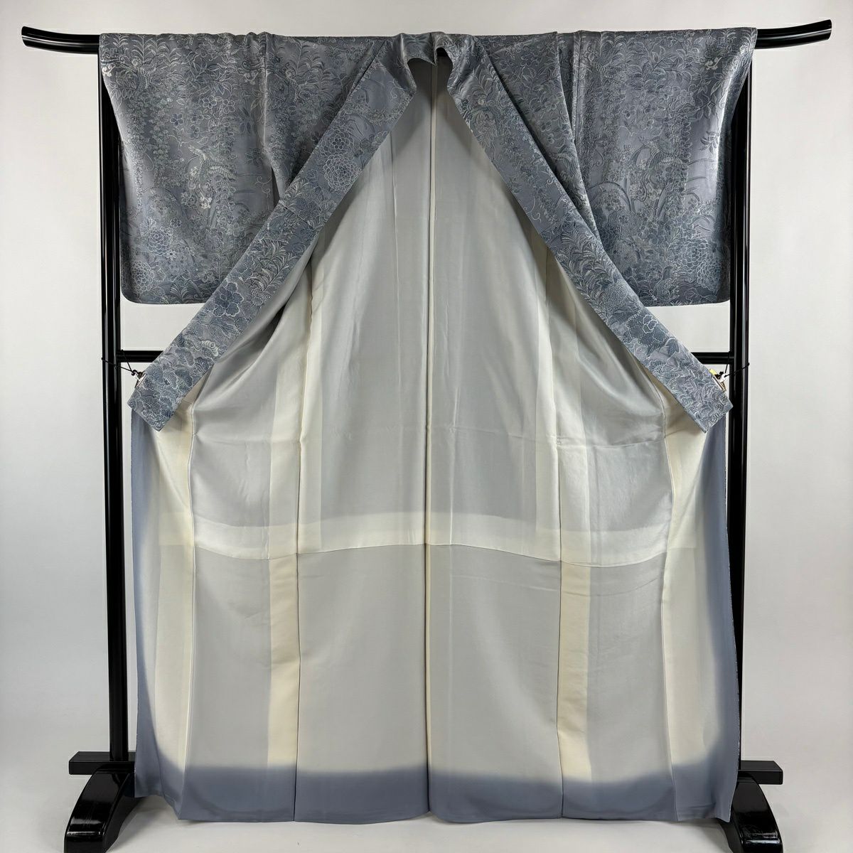 訪問服 身長169cm 袖長69.5cm L 雙層 山岡古都 紋意匠 落款あり 松樹 櫻花 青灰 純蠶絲 逸品級