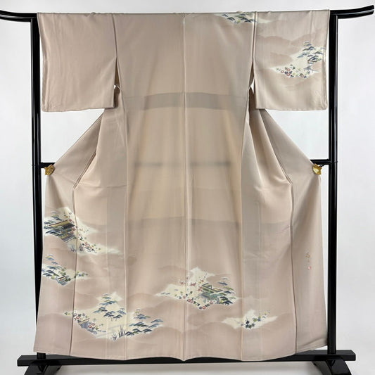 訪問服 身長157cm 袖長64.5cm M 雙層 上野為二 落款あり 雲文 松樹竹子梅花 漸層 粉米色 純蠶絲 逸品級 一つ紋