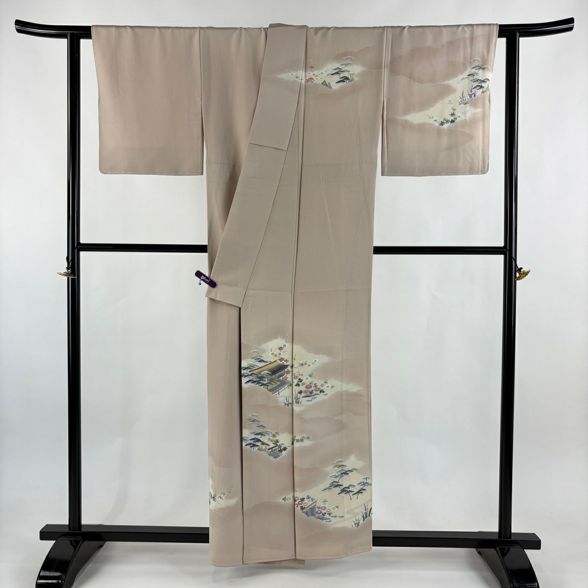訪問服 身長157cm 袖長64.5cm M 雙層 上野為二 落款あり 雲文 松樹竹子梅花 漸層 粉米色 純蠶絲 逸品級 一つ紋