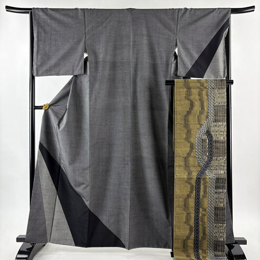 【美品】 付下 身長162.5cm 袖長66cm M 雙層 袋帶套裝 塩澤紬織織 塩澤絣 證書齊全 縱條 格子 黑 純蠶絲 名品級