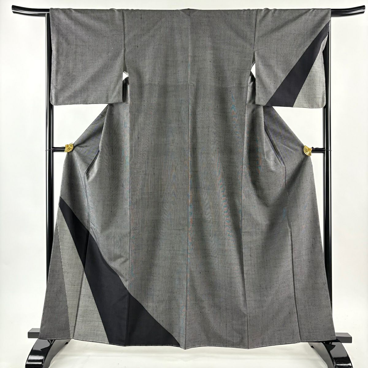 【美品】 付下 身長162.5cm 袖長66cm M 雙層 袋帶套裝 塩澤紬織織 塩澤絣 證書齊全 縱條 格子 黑 純蠶絲 名品級