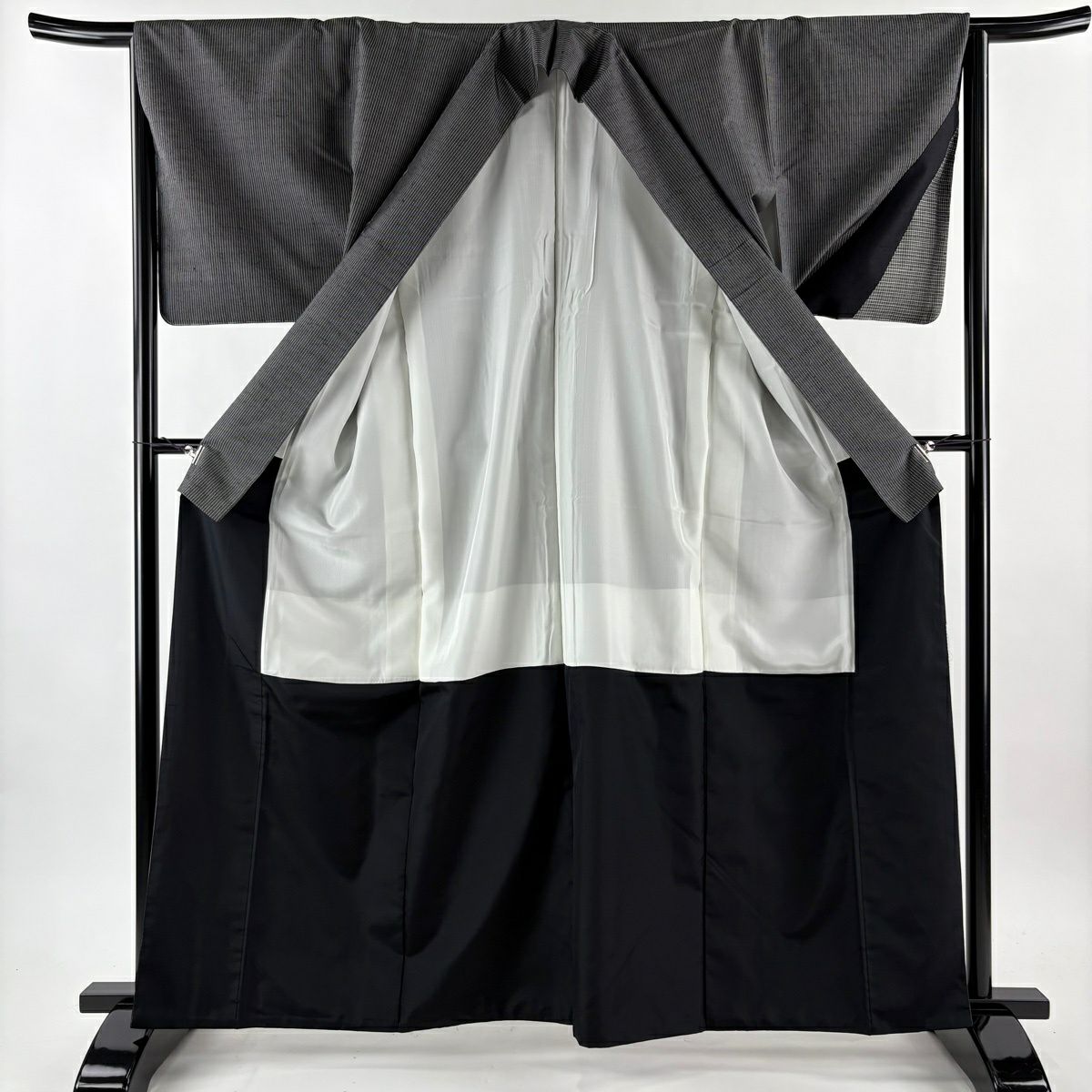 【美品】 付下 身長162.5cm 袖長66cm M 雙層 袋帶套裝 塩澤紬織織 塩澤絣 證書齊全 縱條 格子 黑 純蠶絲 名品級