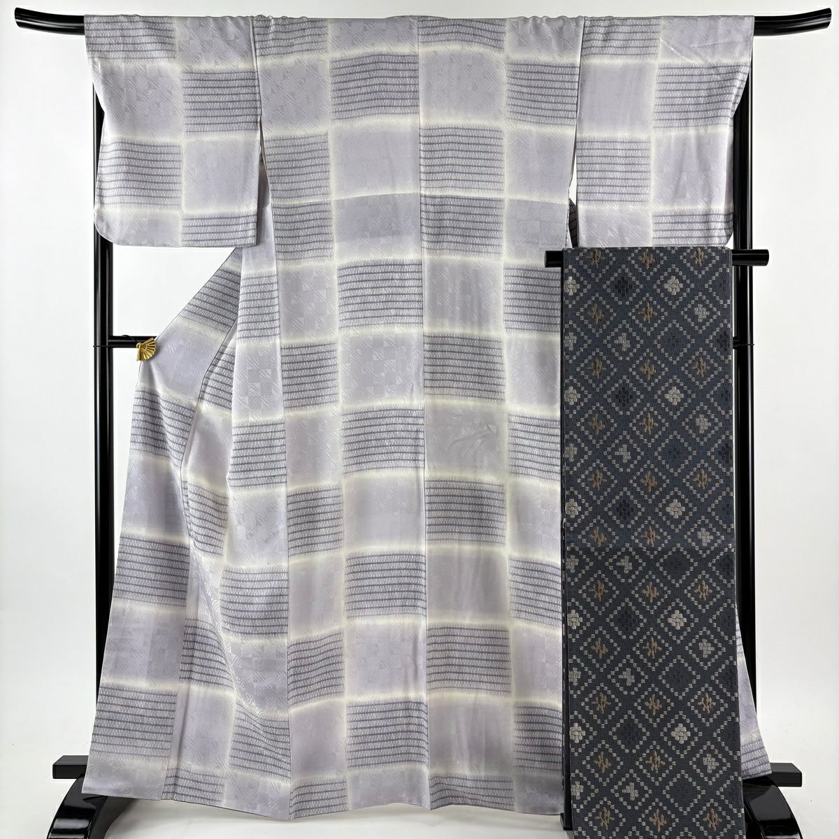 【美品】 小紋 身長162.5cm 袖長68cm L 雙層 袋帶套裝 市松樹 よろけ縞 淺紫 純蠶絲 名品級