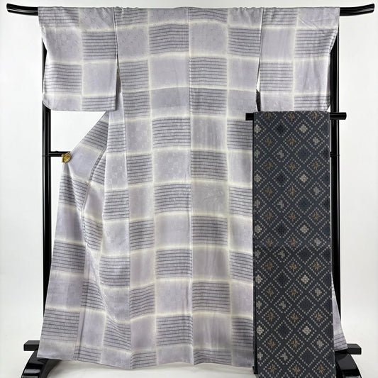 【美品】 小紋 身長162.5cm 袖長68cm L 雙層 袋帶套裝 市松樹 よろけ縞 淺紫 純蠶絲 名品級
