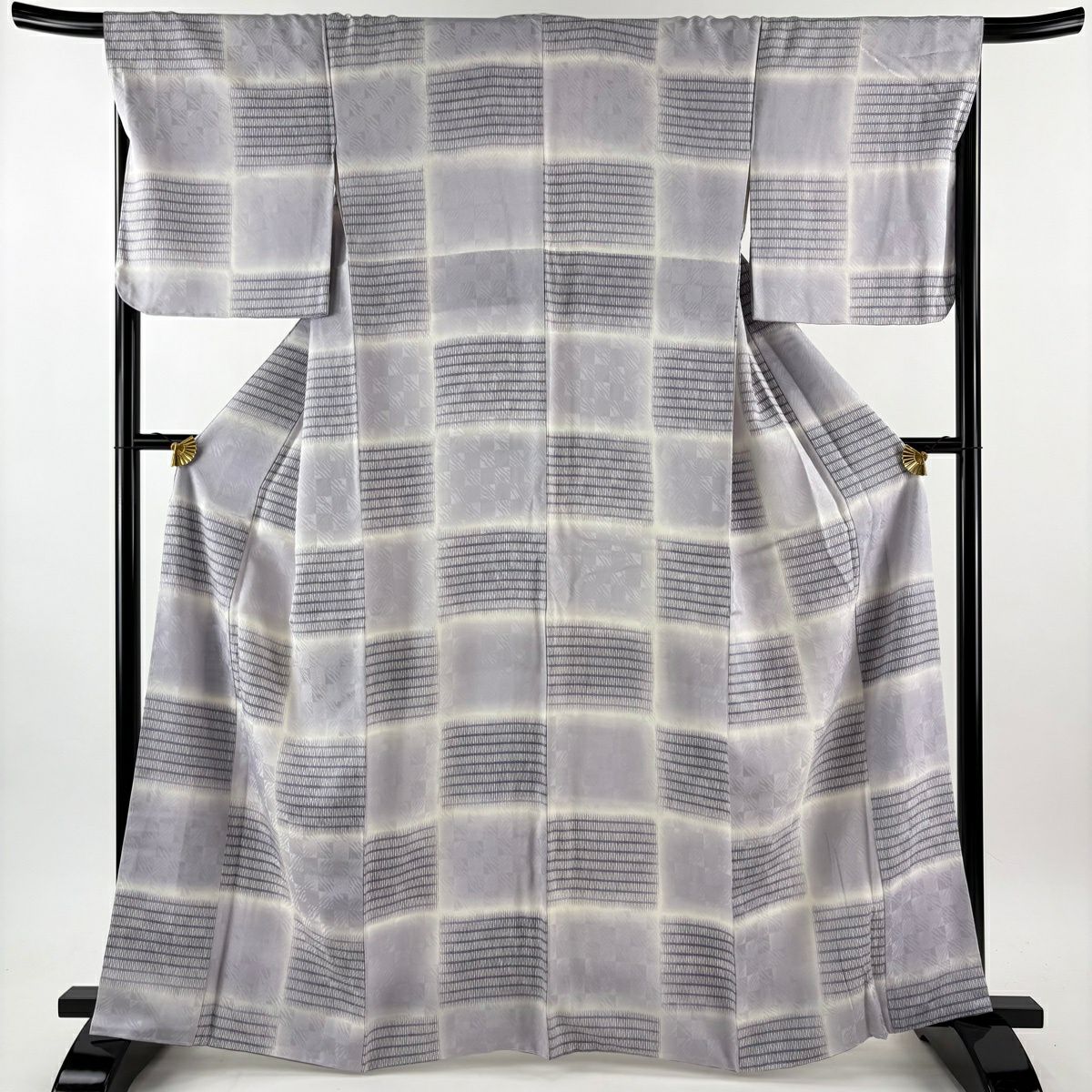 【美品】 小紋 身長162.5cm 袖長68cm L 雙層 袋帶套裝 市松樹 よろけ縞 淺紫 純蠶絲 名品級