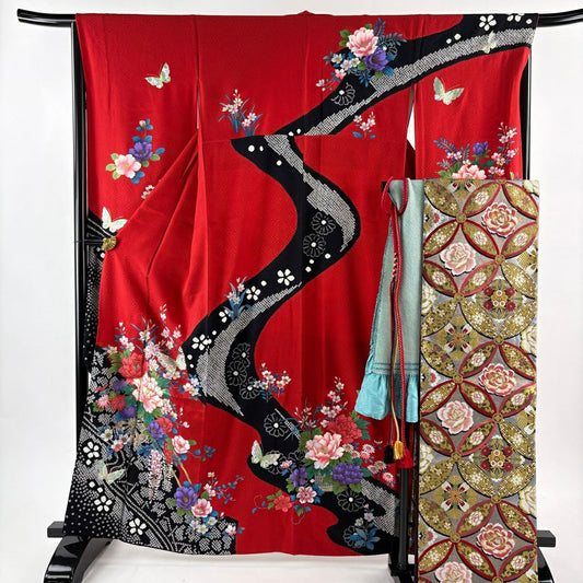 振袖禮服 身長161cm 袖長67cm M 雙層 袋帶全套 花車 蝴蝶 金絲 金銀彩 紅 純蠶絲 優品級
