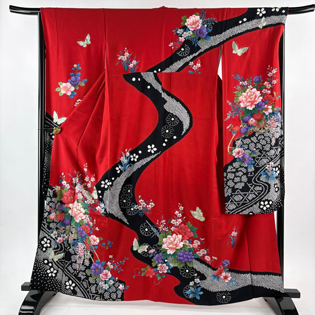 振袖禮服 身長161cm 袖長67cm M 雙層 袋帶全套 花車 蝴蝶 金絲 金銀彩 紅 純蠶絲 優品級