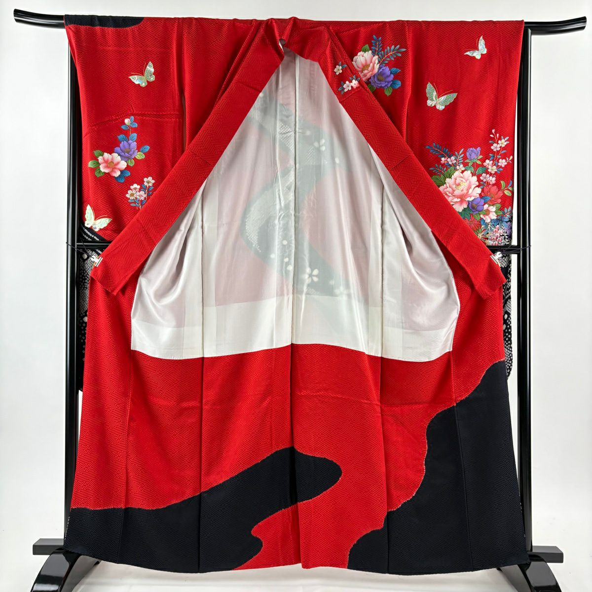 振袖禮服 身長161cm 袖長67cm M 雙層 袋帶全套 花車 蝴蝶 金絲 金銀彩 紅 純蠶絲 優品級