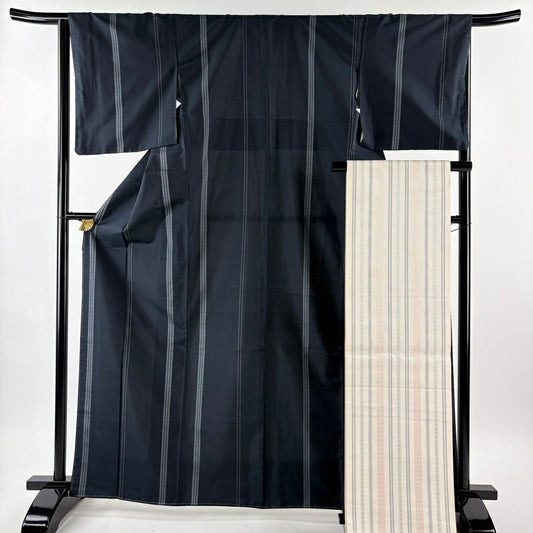 【美品】 大島紬織 身長165cm 袖長64.5cm M 雙層 袋帶套裝 古代染色純植物染 證書附帶 縱條紋 墨色 純蠶絲 名品級