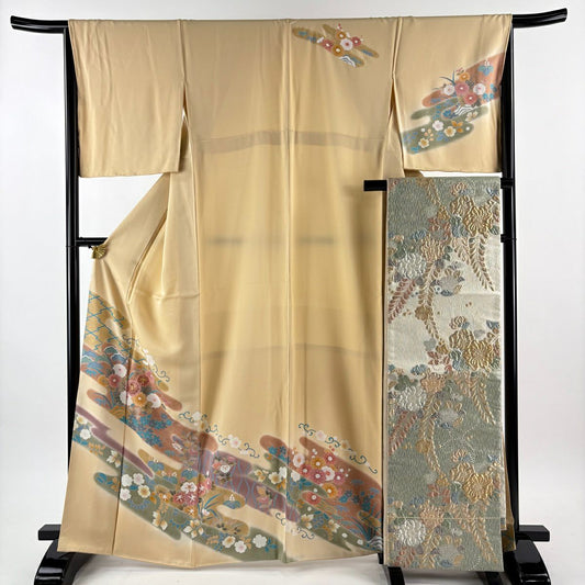 【美品】訪問服 身長164cm 袖長65.5cm M 雙層 袋帶套裝 菊花花 薄霞 金絲 金銀彩 淺橙色 純蠶絲 優品級