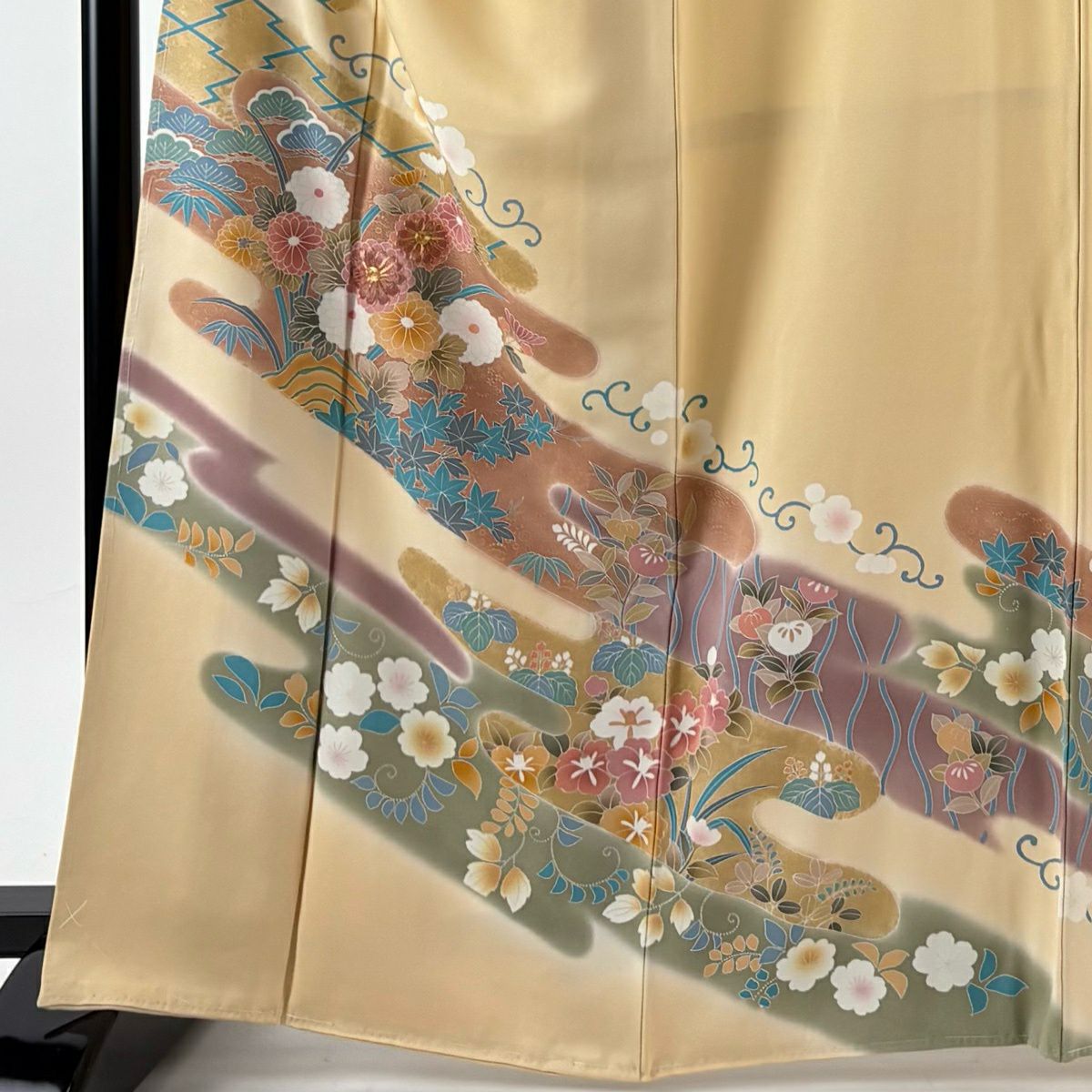 【美品】訪問服 身長164cm 袖長65.5cm M 雙層 袋帶套裝 菊花花 薄霞 金絲 金銀彩 淺橙色 純蠶絲 優品級