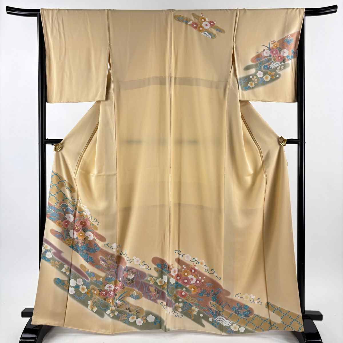 【美品】訪問服 身長164cm 袖長65.5cm M 雙層 袋帶套裝 菊花花 薄霞 金絲 金銀彩 淺橙色 純蠶絲 優品級