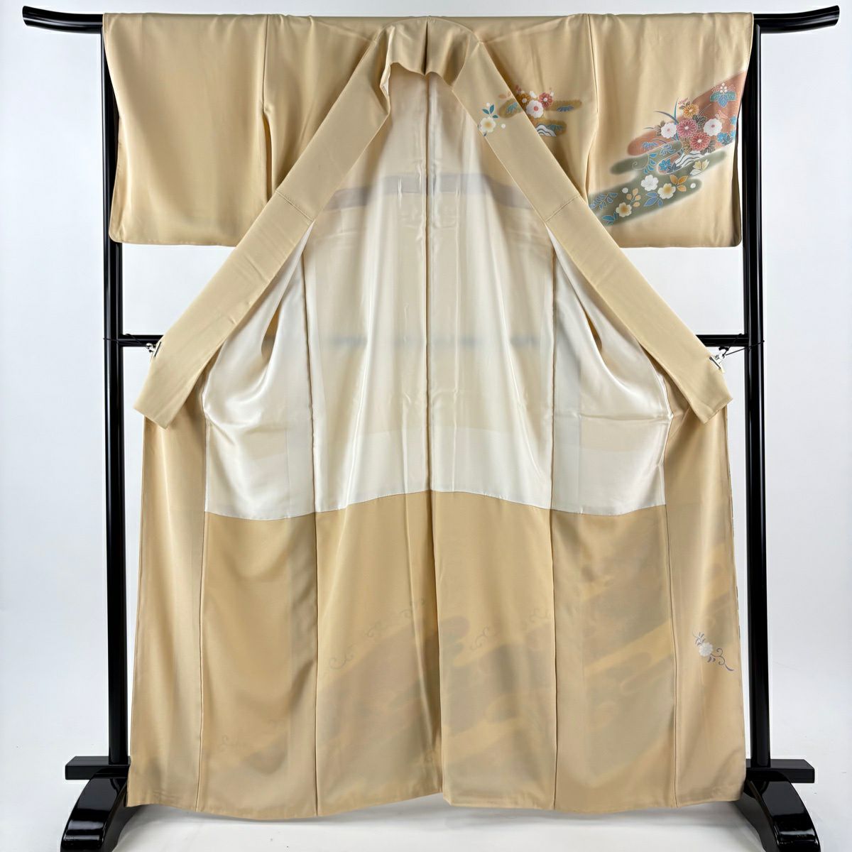 【美品】訪問服 身長164cm 袖長65.5cm M 雙層 袋帶套裝 菊花花 薄霞 金絲 金銀彩 淺橙色 純蠶絲 優品級