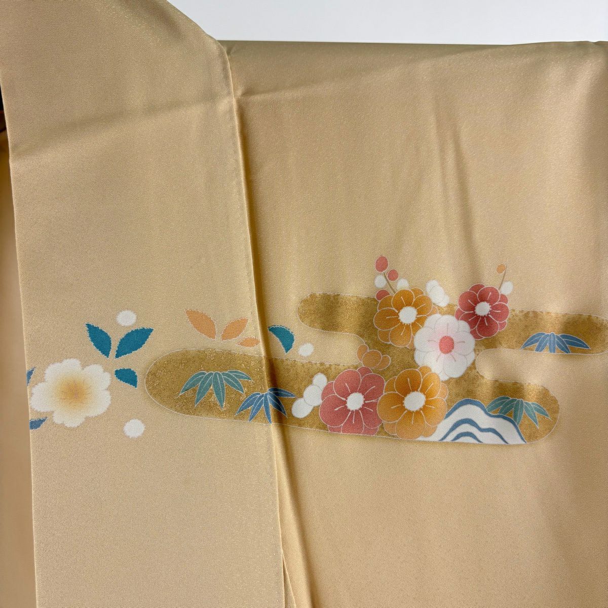 【美品】訪問服 身長164cm 袖長65.5cm M 雙層 袋帶套裝 菊花花 薄霞 金絲 金銀彩 淺橙色 純蠶絲 優品級