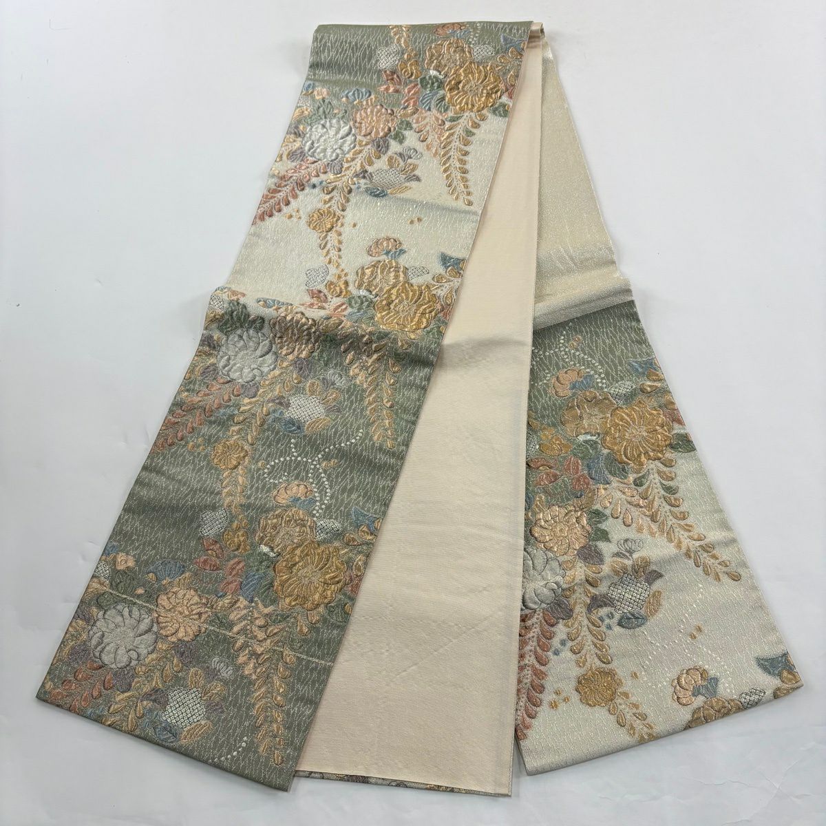 【美品】訪問服 身長164cm 袖長65.5cm M 雙層 袋帶套裝 菊花花 薄霞 金絲 金銀彩 淺橙色 純蠶絲 優品級