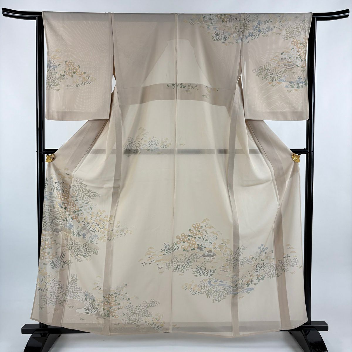 訪問服 身長161cm 袖長64cm M 薄物 千總 絽 落款あり 家屋 秋草 金銀彩 薄小豆 純蠶絲 逸品級