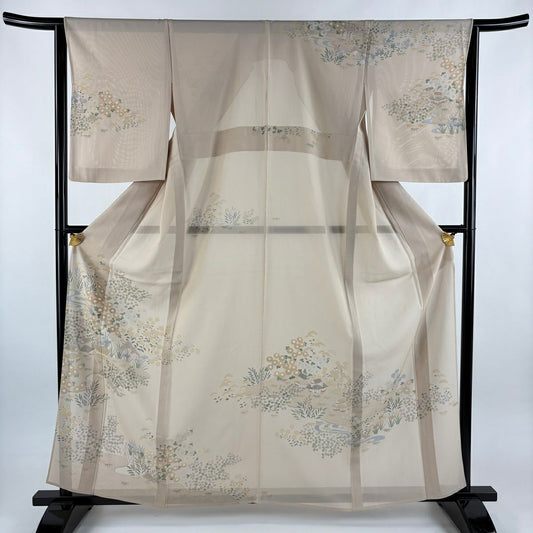 訪問服 身長161cm 袖長64cm M 薄物 千總 絽 落款あり 家屋 秋草 金銀彩 薄小豆 純蠶絲 逸品級