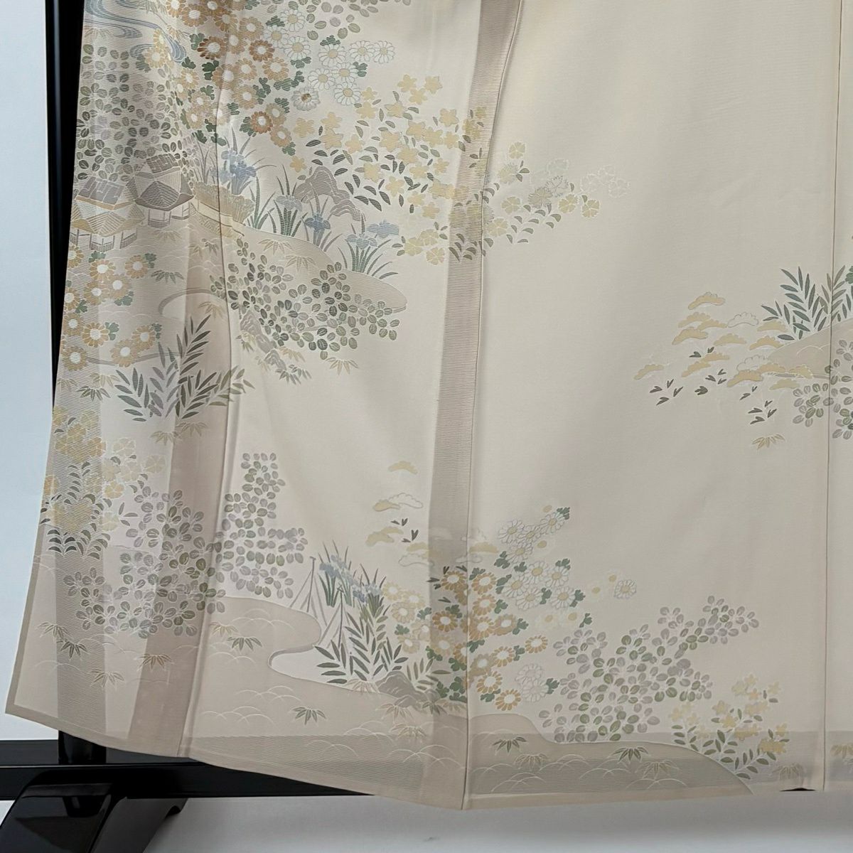 訪問服 身長161cm 袖長64cm M 薄物 千總 絽 落款あり 家屋 秋草 金銀彩 薄小豆 純蠶絲 逸品級