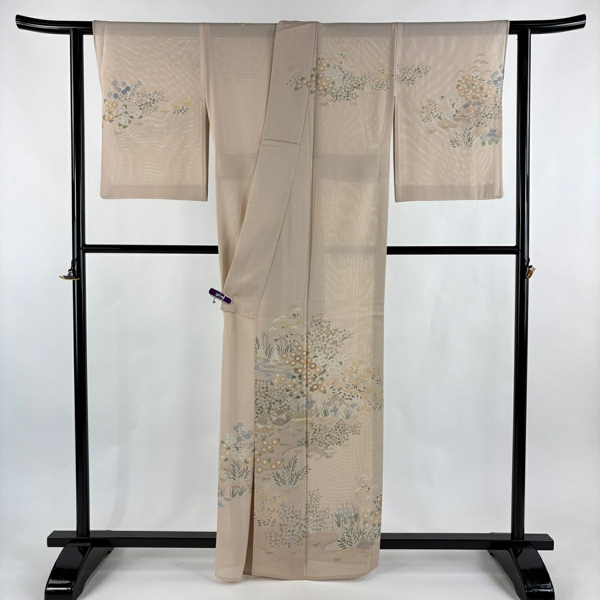 訪問服 身長161cm 袖長64cm M 薄物 千總 絽 落款あり 家屋 秋草 金銀彩 薄小豆 純蠶絲 逸品級