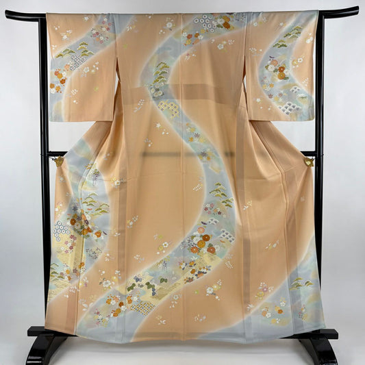 訪問服 身長162.5cm 袖長64.5cm M 單層 千總 有落款 菊花 龜甲 金絲 金銀彩 淺橙色 純蠶絲 逸品級
