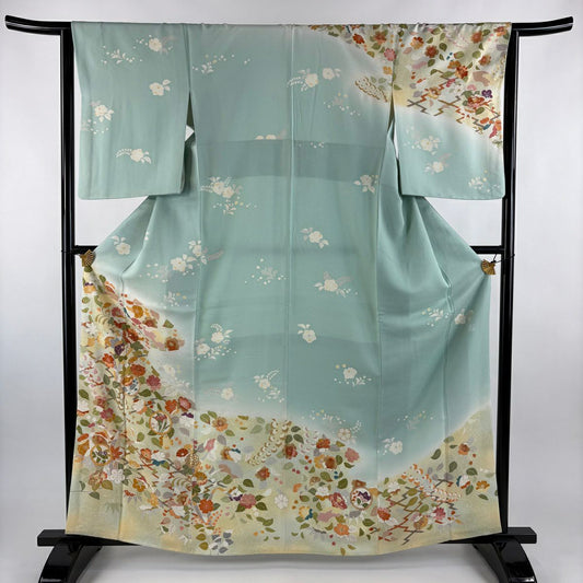 訪問服 身長164.5cm 袖長64cm M 雙層 千總 落款 草花紋 圓文 金絲 金銀彩 水色 純蠶絲 逸品級