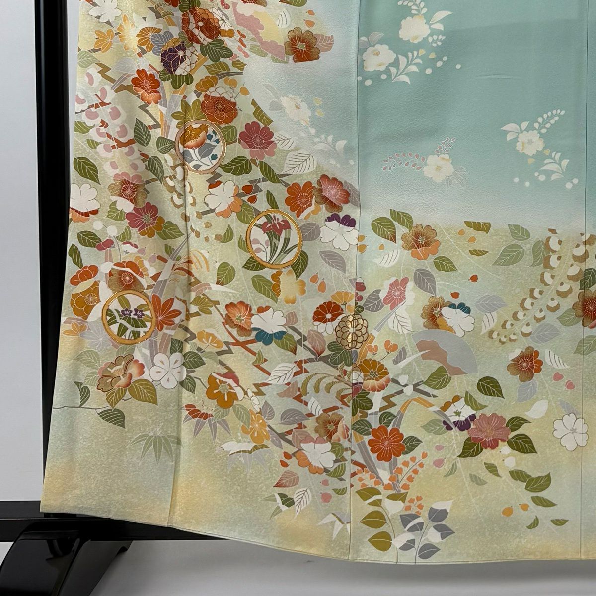 訪問服 身長164.5cm 袖長64cm M 雙層 千總 落款 草花紋 圓文 金絲 金銀彩 水色 純蠶絲 逸品級
