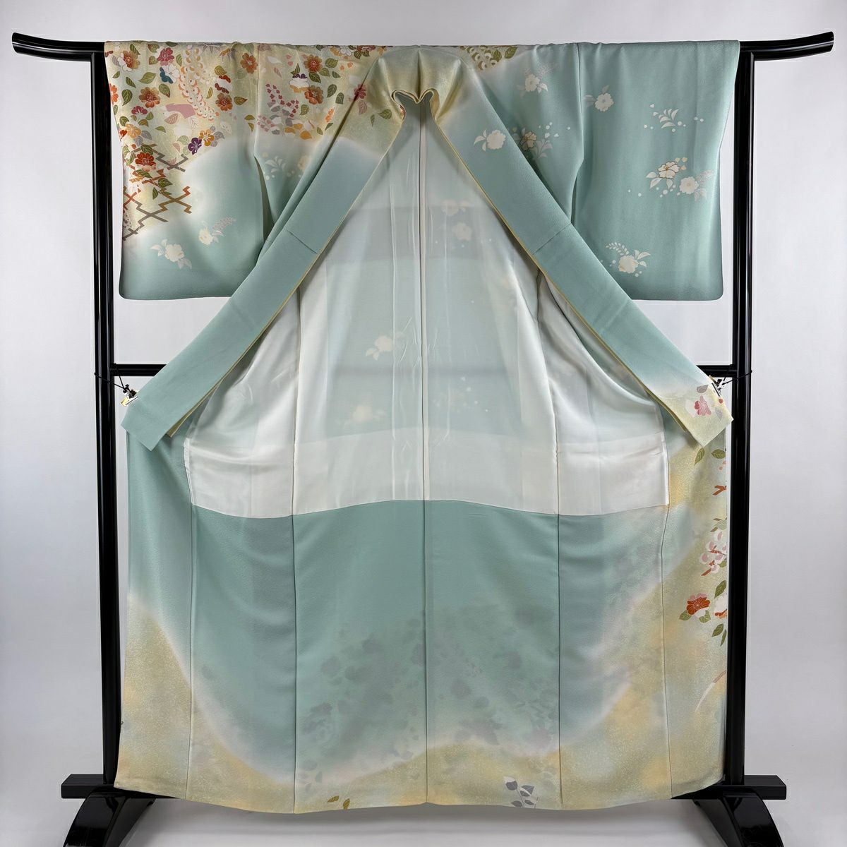 訪問服 身長164.5cm 袖長64cm M 雙層 千總 落款 草花紋 圓文 金絲 金銀彩 水色 純蠶絲 逸品級