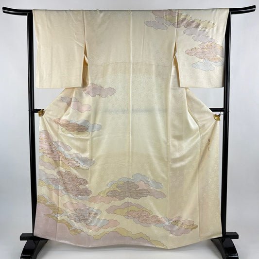 訪問服 身長164.5cm 袖長64.5cm M 雙層 藤井寛 落款あり 雲文 花鳥 金絲 金銀彩 奶油色 純蠶絲 逸品級