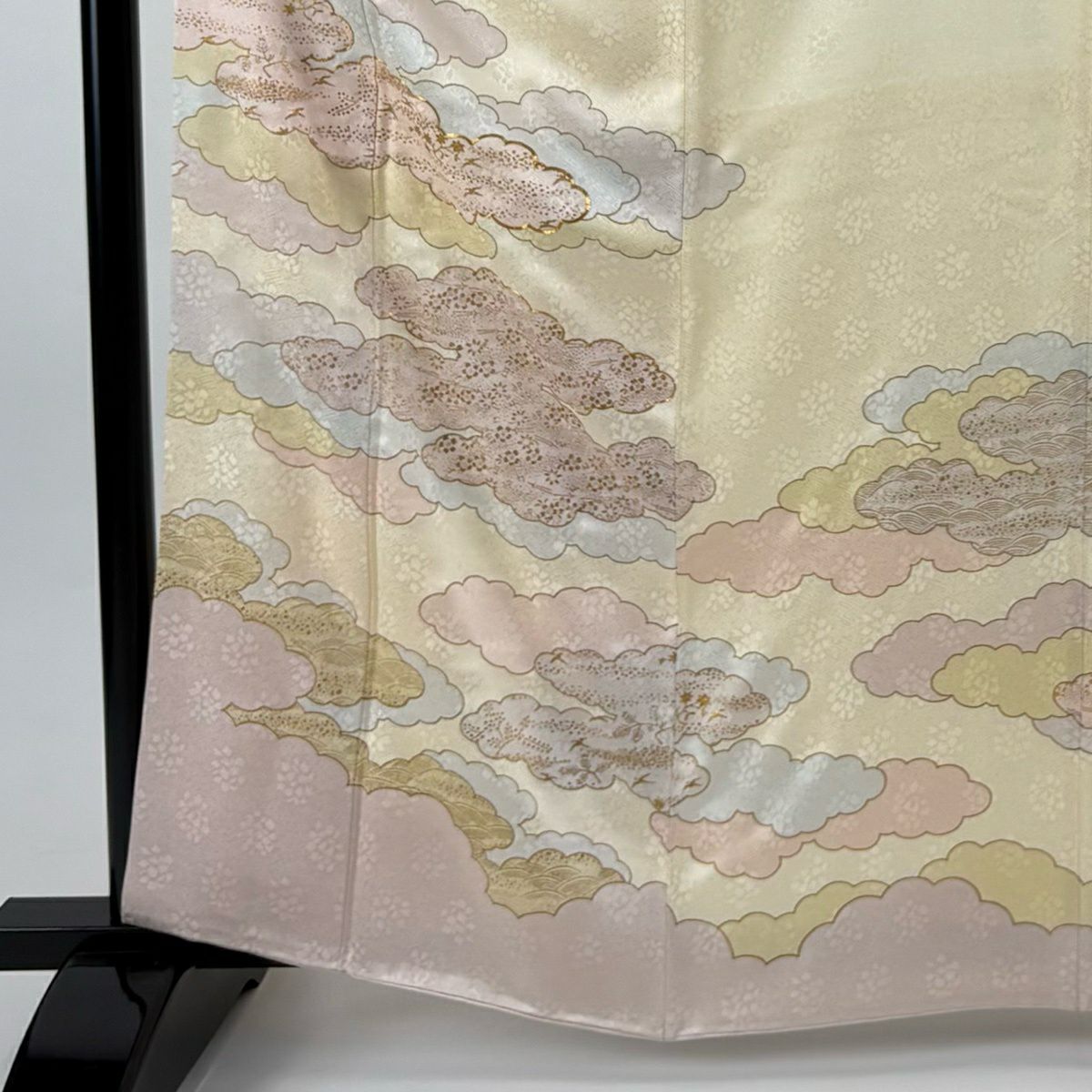 訪問服 身長164.5cm 袖長64.5cm M 雙層 藤井寛 落款あり 雲文 花鳥 金絲 金銀彩 奶油色 純蠶絲 逸品級