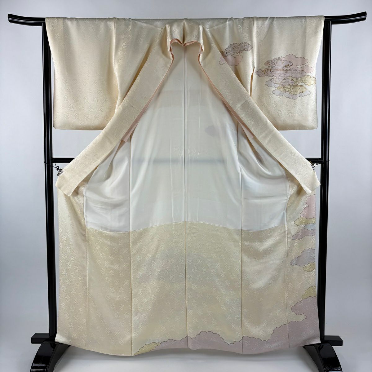 訪問服 身長164.5cm 袖長64.5cm M 雙層 藤井寛 落款あり 雲文 花鳥 金絲 金銀彩 奶油色 純蠶絲 逸品級