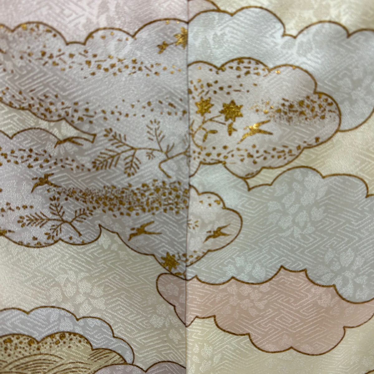 訪問服 身長164.5cm 袖長64.5cm M 雙層 藤井寛 落款あり 雲文 花鳥 金絲 金銀彩 奶油色 純蠶絲 逸品級