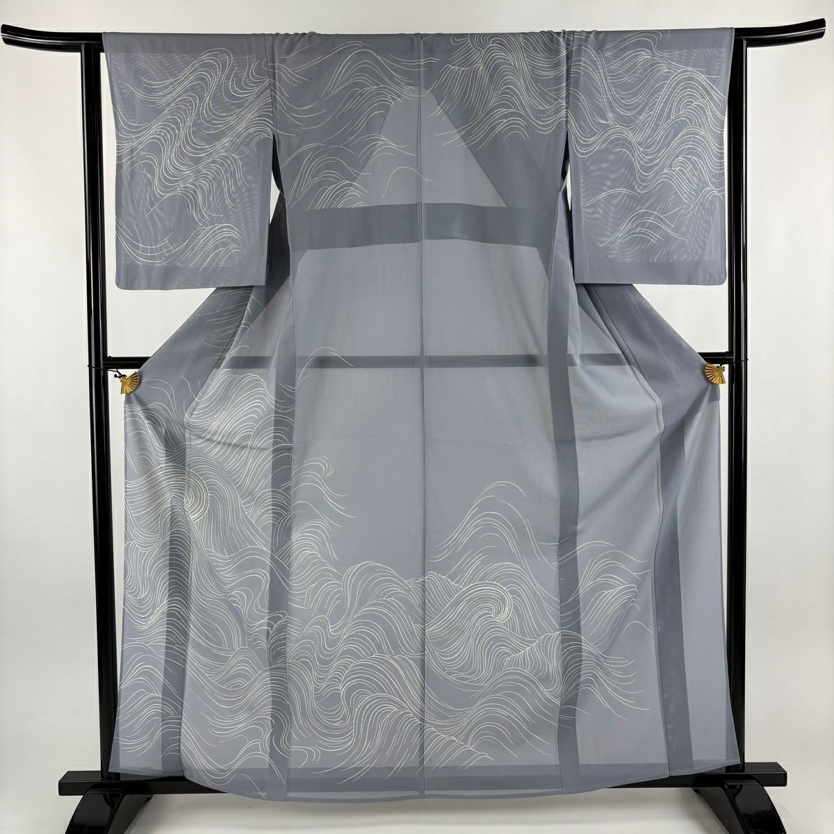 訪問服 身長161.5cm 袖長64.5cm M 薄物 千總 絽 落款あり 波 金金箔 青灰 純蠶絲 逸品級