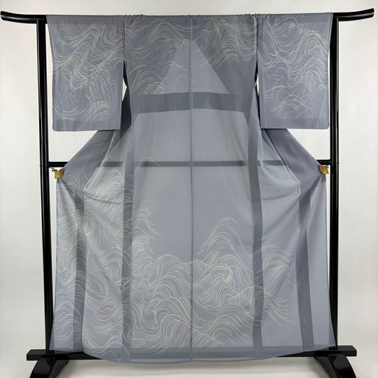 訪問服 身長161.5cm 袖長64.5cm M 薄物 千總 絽 落款あり 波 金金箔 青灰 純蠶絲 逸品級