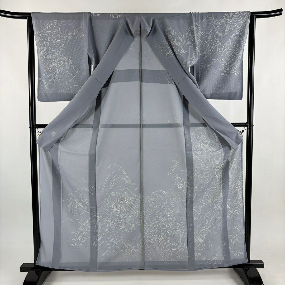 訪問服 身長161.5cm 袖長64.5cm M 薄物 千總 絽 落款あり 波 金金箔 青灰 純蠶絲 逸品級