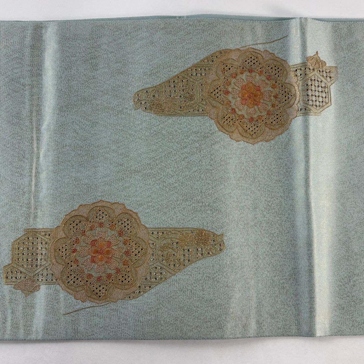 【美品】 袋帶 秀品級 華紋 花唐草紋 刺繡 金彩裝飾 青灰 純蠶絲
