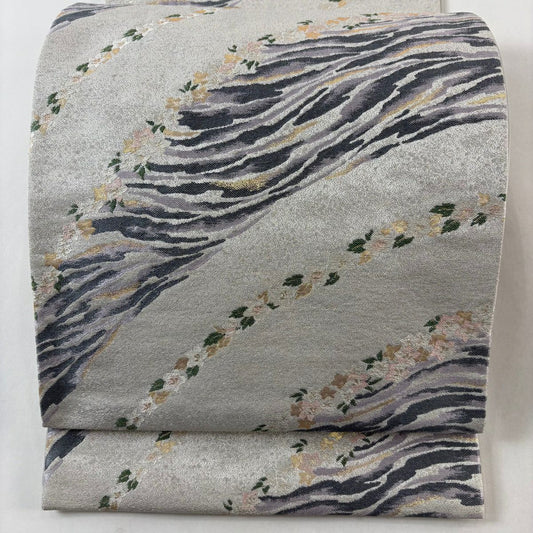 袋帶 秀品級 草花紋紋 波紋 金金箔 銀線 灰色 六通 純蠶絲