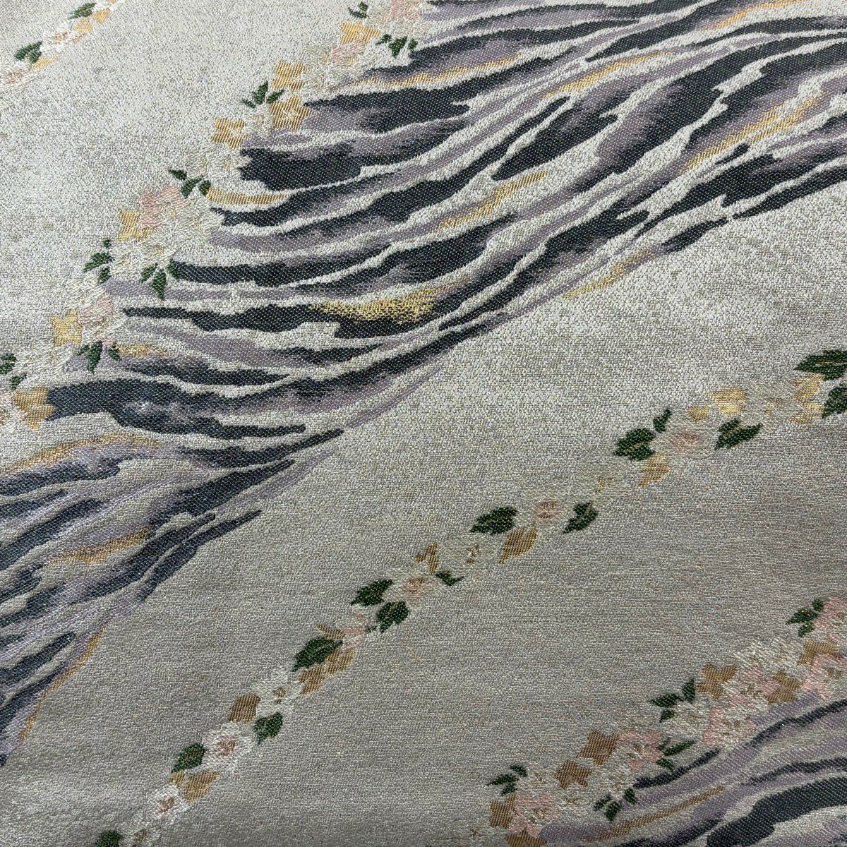 袋帶 秀品級 草花紋紋 波紋 金金箔 銀線 灰色 六通 純蠶絲